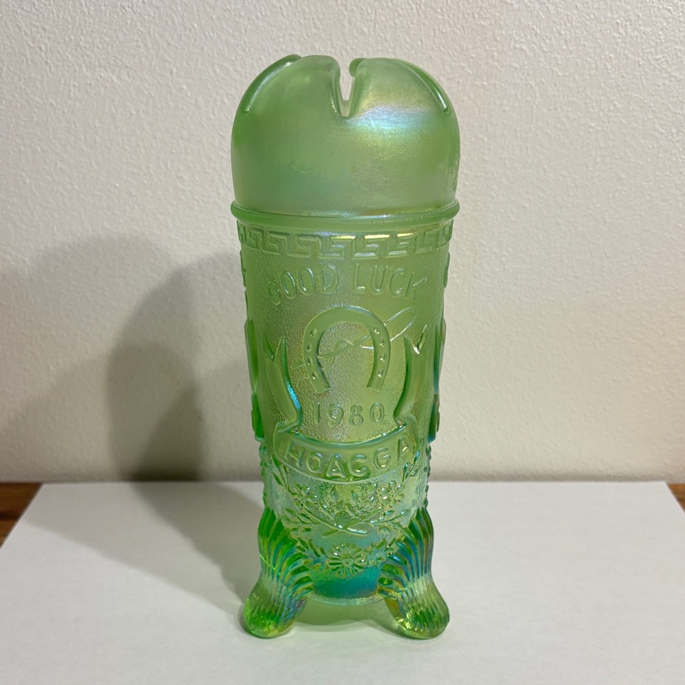 Fenton HOACGA Good Luck Hat Pin Holder Vase 1980 Ice Green Iridized